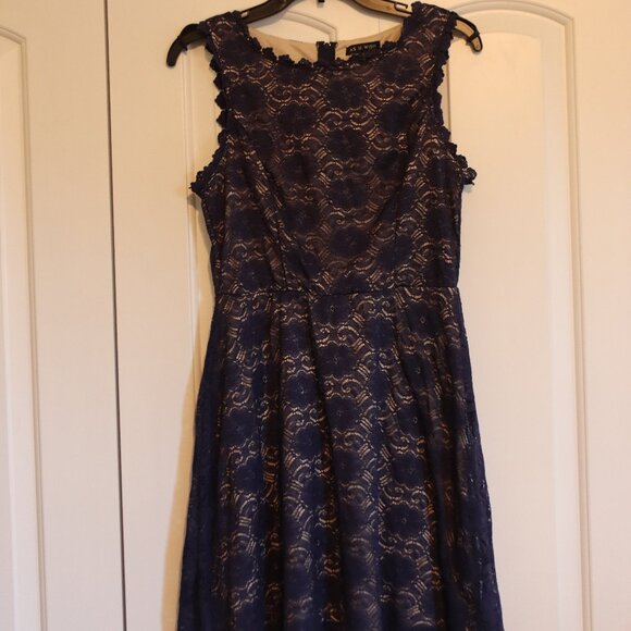 As U Wish Blue Lace Overlay Dress Sleeveless Scalloped Neckline Fitted Waist Lrg - Picture 1 of 14